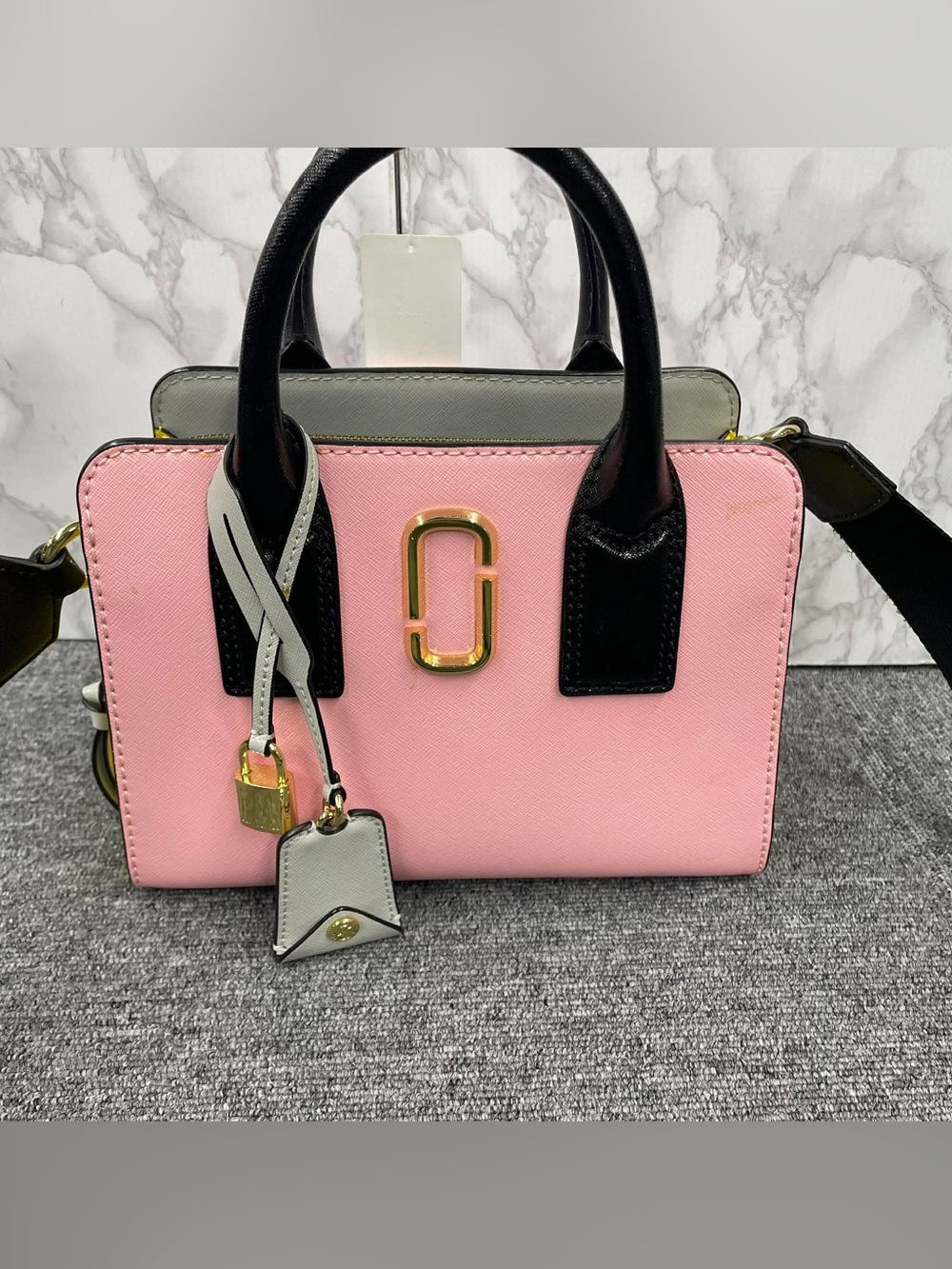 Marc Jacobs Pink Satchel with Black Handles and Gray Trim